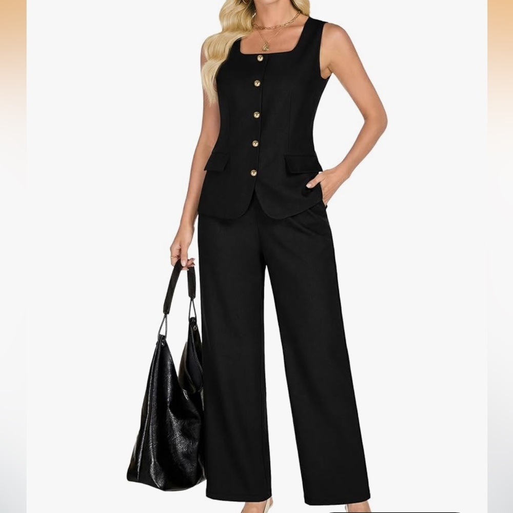 NEW Funlingo Black Sleeveless Wide Leg 2 Piece Pantsuit Set Size L